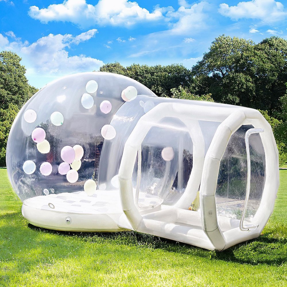 13FT-Double Layer Inflatable Bubble House Dome for Kids Clear PVC Balloon House with Tunnel 750W Air Blower and 600W Air Pump Perfect for Parties Yard Decoration and Outdoor Fun