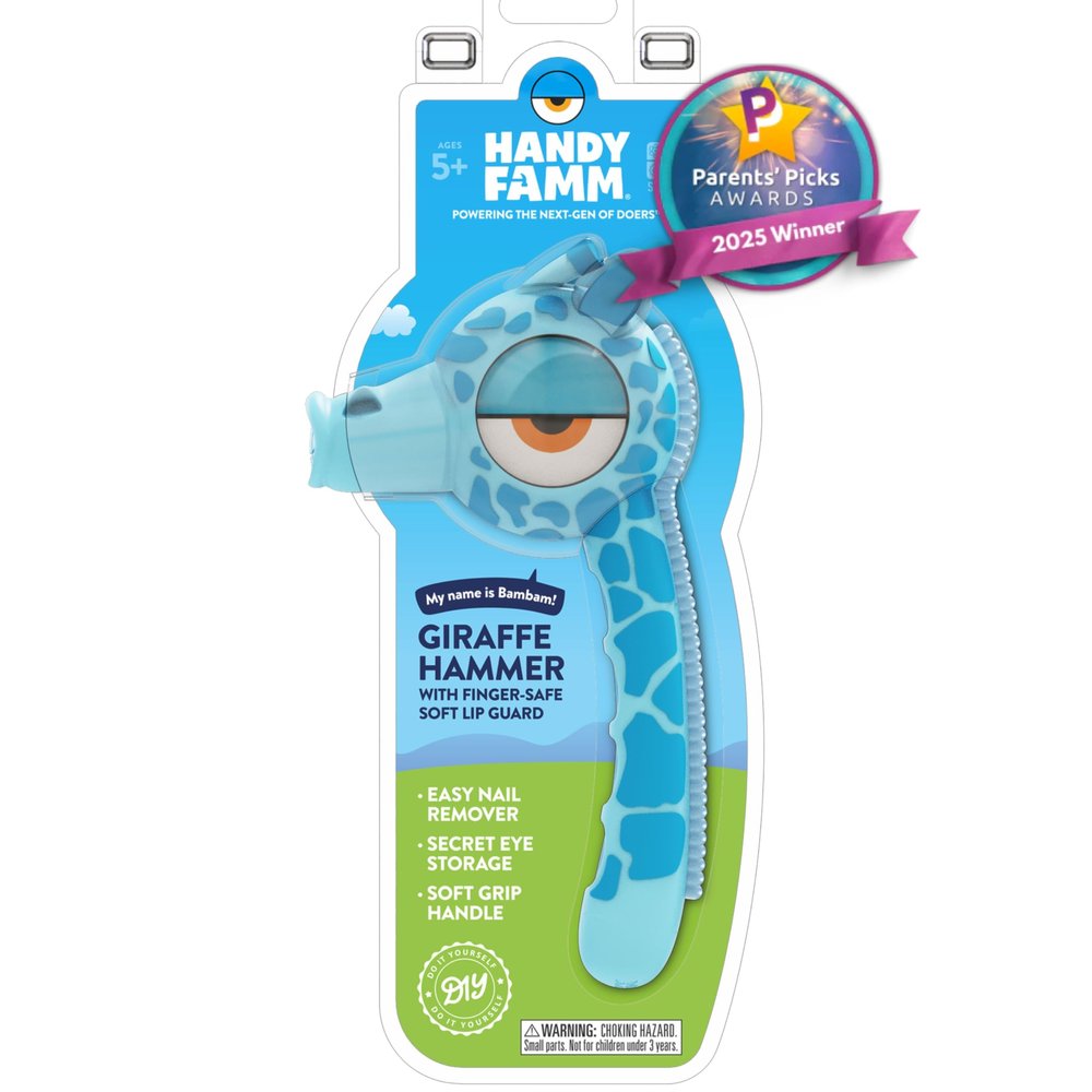 Handy Famm Real Metal Blue Giraffe Hammer for Kids, Patented Safety Mouth Sleeve and Nail Remover, STEM DIY Tool for Children Ages 5 and Up