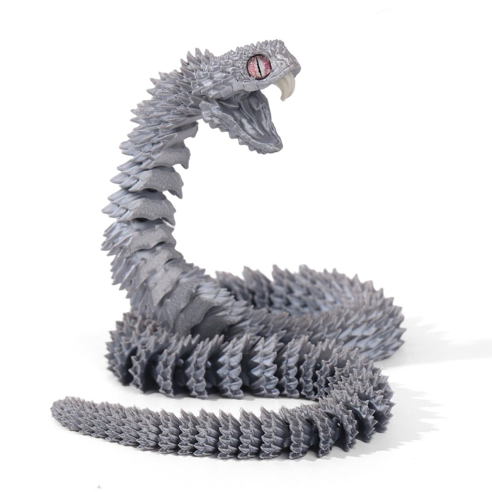 3D Printed Snake 3D Printed Animals 3D Printed Articulated Snake A Snake with Teeth, Perfect Desk Pet for Animal Collectors,3D Printed Snake Toys (Silvery)