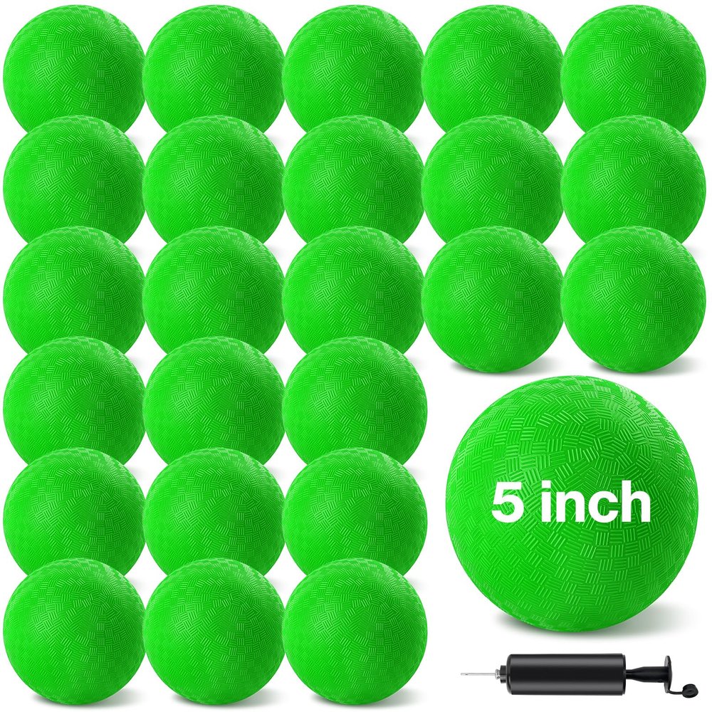 HSLCGF 24 Pcs Dodgeballs 5 Inch Playground Ball Green Kickball Inflatable Rubber Handball Bouncy Dodge Ball with 1 Hand Pump for Outdoors Ball Games Gym Camps Picnic (Green)