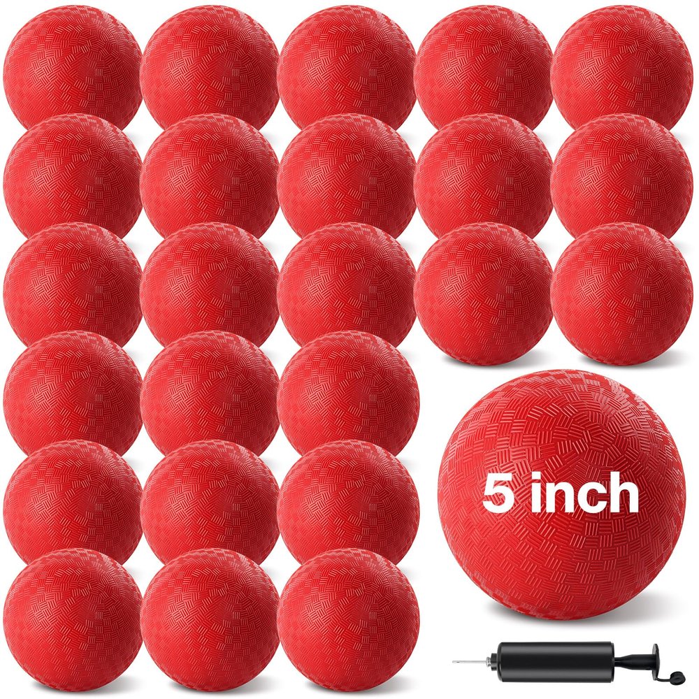 HSLCGF 24 Pcs Dodgeballs 5 Inch Playground Ball Red Kickball Inflatable Rubber Handball Bouncy Dodge Ball with 1 Hand Pump for Outdoors Ball Games Gym Camps Picnic (Red)