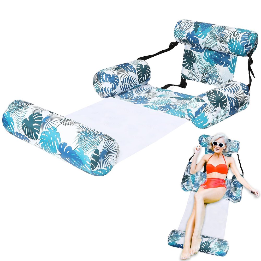 2 in 1 Inflatable Pool Floats Lounge with Leg Arm Rests Fabric Covered Floating Lounger Chairs Blow up Pools Noodles for Adult Heavy Duty Float Chair for Party Summer Water Beach Lake(Green Leaves)
