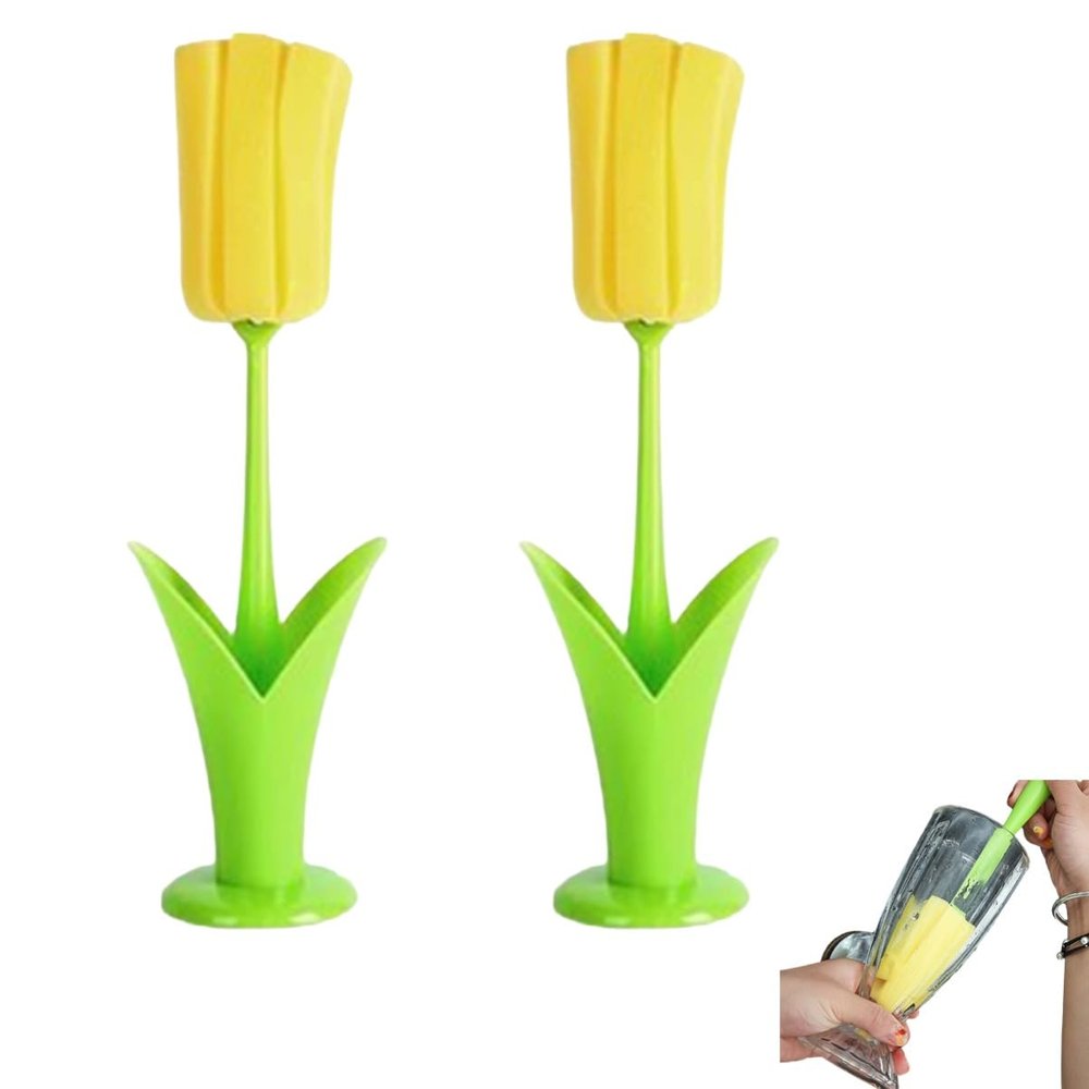 2PCS Bottle Brush, Tulip Shape Sponge Cleaning Brush with Holder Long Handle Cup Cleaner Brush Water Bottle Sponge for Kitchen Dishes (Yellow)