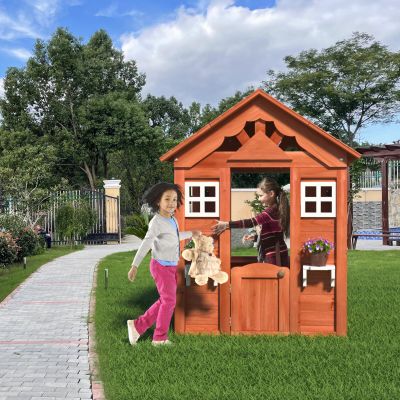 Montessori Wooden Playhouse for Age 3-8 Years Boy Girl,Outdoor Cottage Playhouse with Door,Wooden Kids Playhouse with 2 Windows and Flowerpot Holder,for Outdoor Garden, Lawn, Patio, Backyard