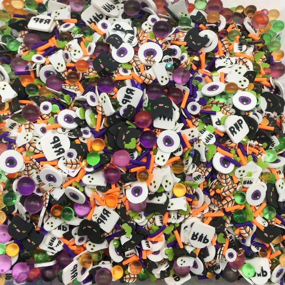 Black and Bright Halloween Sprinkle Mix, Spooky Polymer Clay Fake Sprinkles for Crafts, Fake Bake, Slime, Decoden, Resin Shaker Embellishments (Container)
