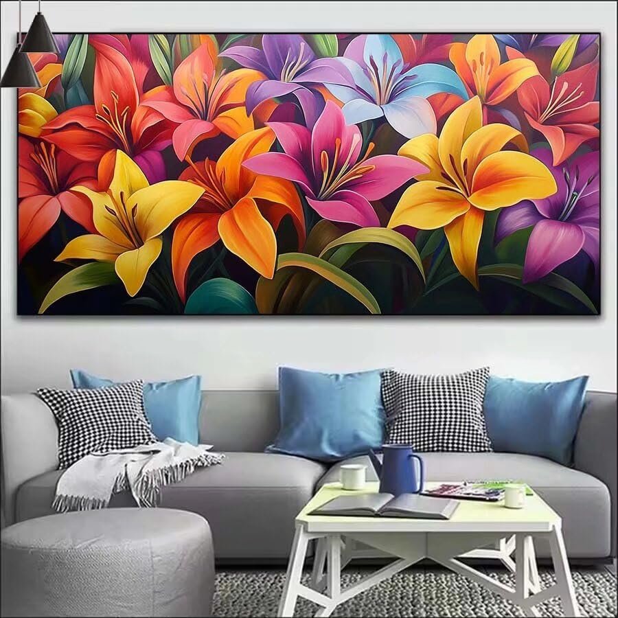 Colourful Paint by Numbers for Adults, Flower Paint by Number Acrylic with 3 Brushes, DIY Painting by Numbers for Kits, DIY Canvas Oil Painting Kit for Home Wall Decor Gift (NO Frame 20x60cm V-423