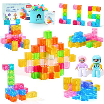VigorFun Magnetic Blocks Set, Magnet Building Blocks with Toy Figurine and Storage Bag for Kids Gifts, STEM Educational Preschool Sensory Toys for Toddlers Boys Girls Ages 3-12(Transparent)