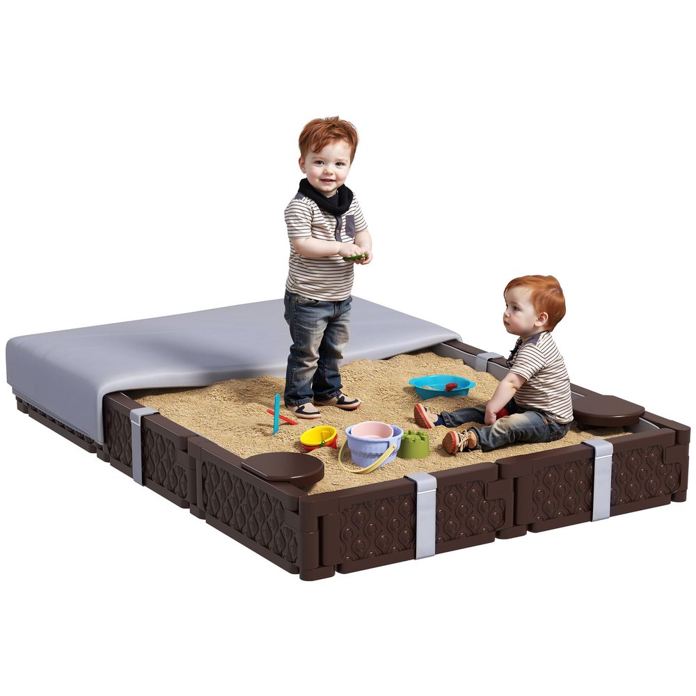 Qaba Kids Sandbox with Cover, Rectangular 73" HDPE Large Sand Pit with 4 Seats, Waterproof Bottom Liner, Weather Resistant Outdoor Sand Box for Backyard, Lawn, Garden, Beach, Patio, Brown