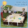 Qaba Kids Sandbox with Cover, Rectangular 73" HDPE Large Sand Pit with 4 Seats, Waterproof Bottom Liner, Weather Resistant Outdoor Sand Box for Backyard, Lawn, Garden, Beach, Patio, Brown view 3