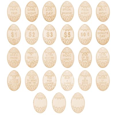 27pcs Easter Egg Fillers, Wooden Easter Reward Tokens Coins Include 24 Different Designs and 3 Blank DIY Tokens Basket Stuffers Activities Gifts for Kids (Egg Shape)