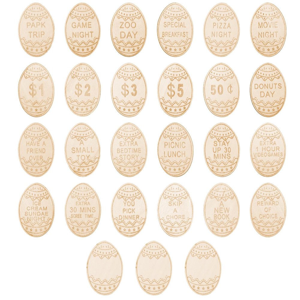 27pcs Easter Egg Fillers, Wooden Easter Reward Tokens Coins Include 24 Different Designs and 3 Blank DIY Tokens Basket Stuffers Activities Gifts for Kids (Egg Shape)