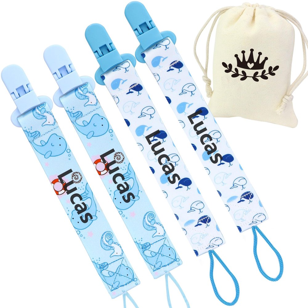4 Pcs Personalized Dummy Strap Clip, Customized Pacifier Clip Dummy Holder Straps with 4 Silicone Adapter, Soother Chains Clips Fit All, Soothers, Teething Toys, Baby Essentials (Blue)