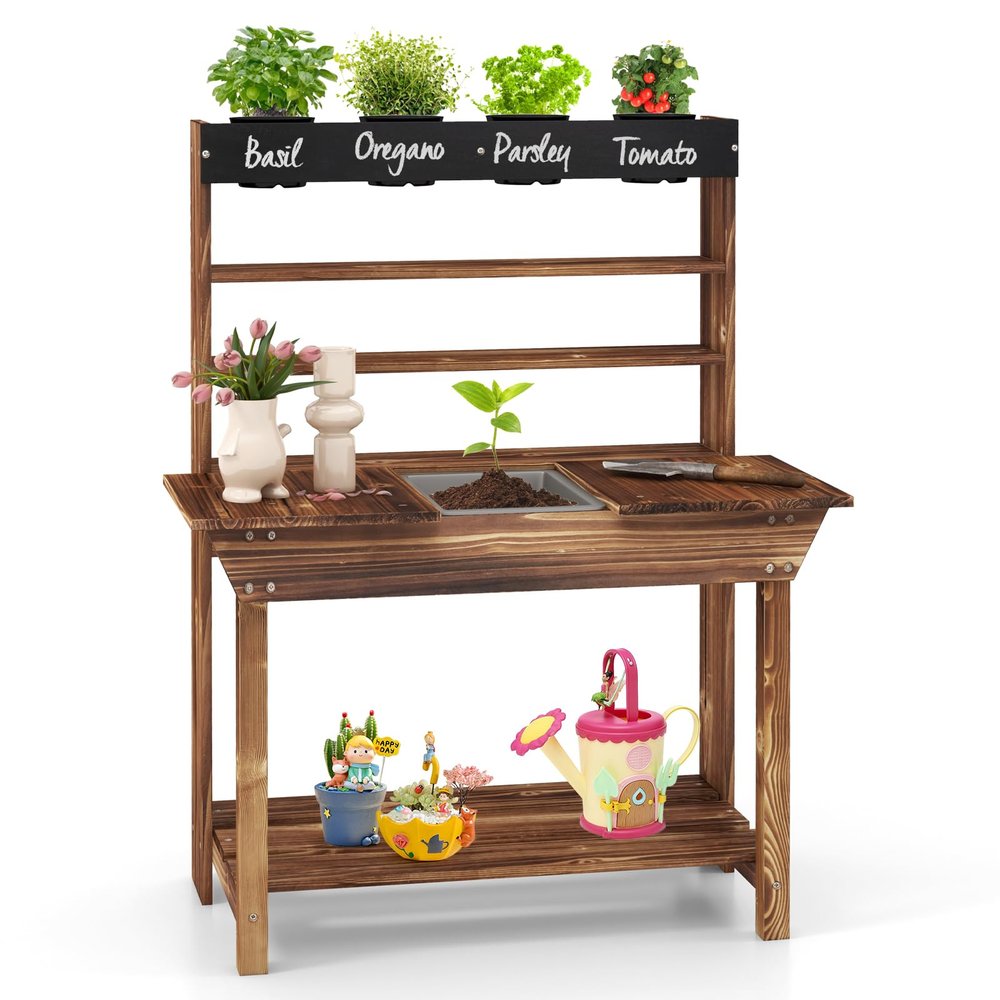 KOTEK Kids Potting Bench, Fir Wood Outdoor Mud Table with 4 Pots, Chalkboard, Removable Sink, Storage Shelves, Mud Kitchen for Kids Outdoor Garden, Gift for Boys Girls 3+