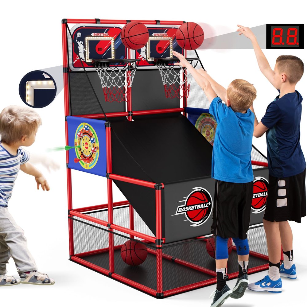 HYES 2 in 1 Dual Shot Basketball Arcade Game with 2 Dart Boards/Electronic Scoreboard/LED Light, Kids Basketball Hoop for Home Indoor Outdoor, Sport Toys for Boys Girls