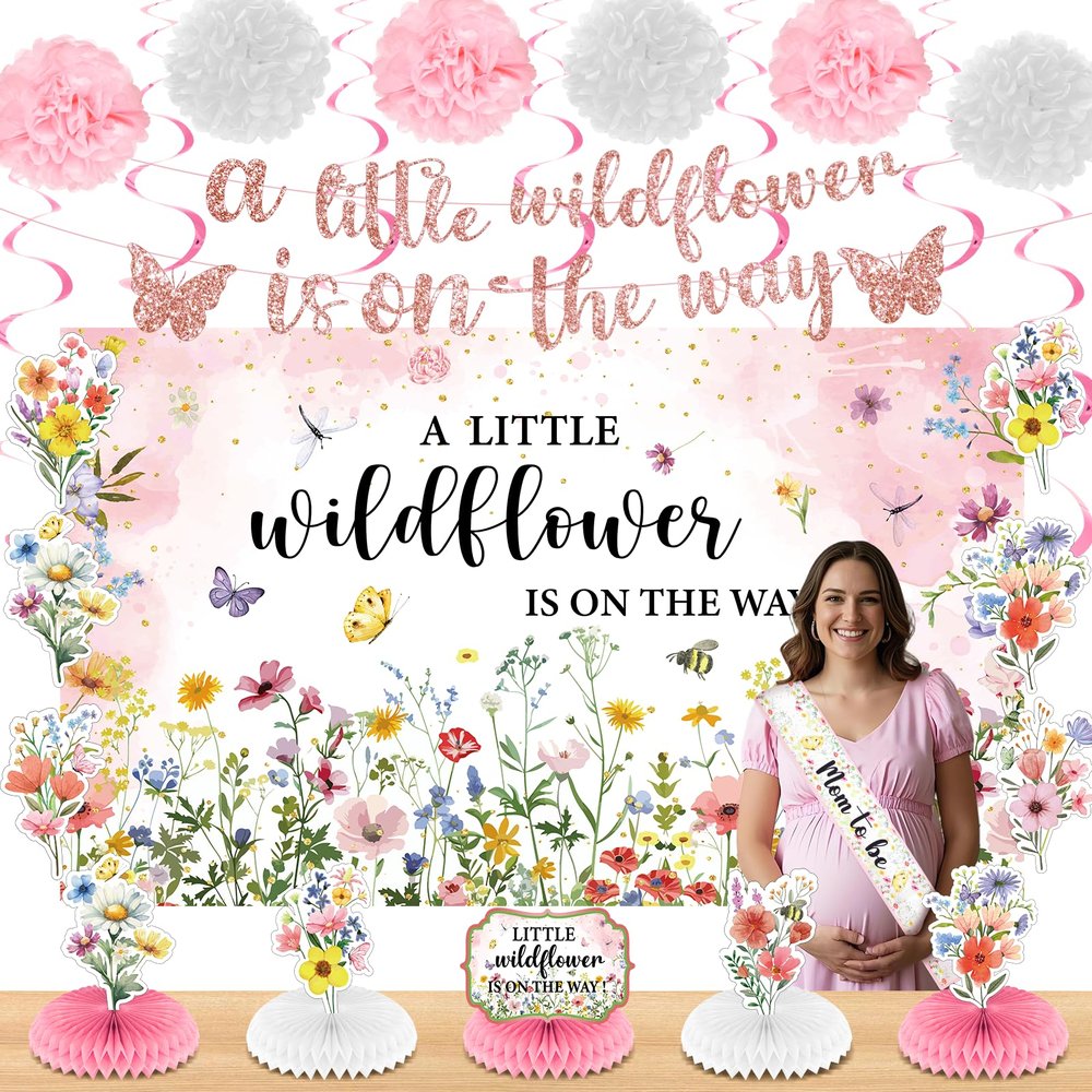 20pcs Wildflower Baby Shower Decorations Wildflower Floral Baby Shower Banner Backdrop Table Centerpieces Hanging Swirls Pompoms Sash A Little Wildflower is On The Way Party Decorations Supplies