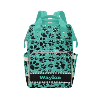 NZOOHY Dog Paw Green Glitter Personalized Diaper Bag Backpack,Custom Name Diaper Backpack Baby Nappy Bag Mommy Bag for Shower Gift