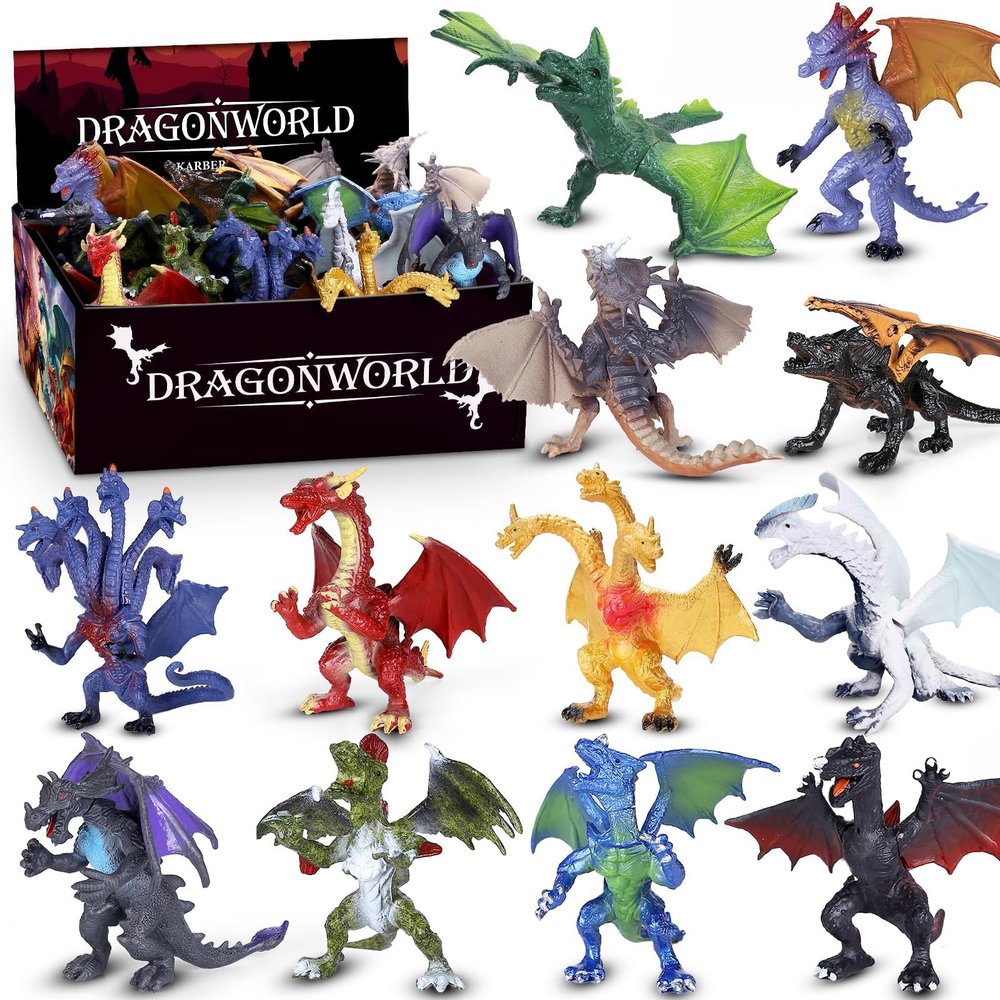 KarberDark 12 Pcs Dragon Toy Set with Gift Box, 4 Inch Realistic Mini Dragon Figures for Kids 3-5, 5-7, Party Favors, Birthday Decorations, Cake Toppers, Collectible Figurines for Boys Girls