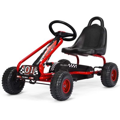 CLEEMAN Go Kart for Kids, Pedal Powered 4 Wheel Go Cart w/Steering Wheels & Adjustable Seat, Manual Brake, Non-Slip Wheels, Outdoor Indoor Pedal Foot Racer for Boy Girl (Red)