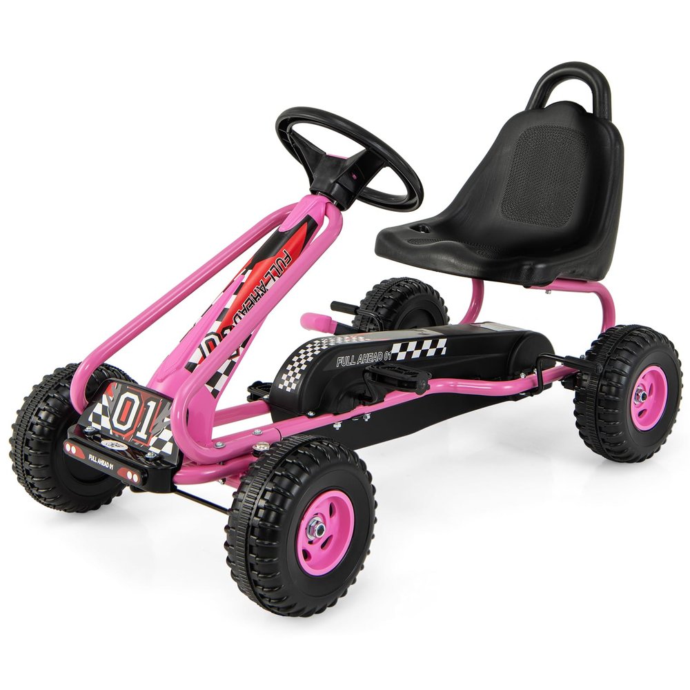 CLEEMAN Go Kart for Kids, Pedal Powered 4 Wheel Go Cart w/Steering Wheels & Adjustable Seat, Manual Brake, Non-Slip Wheels, Outdoor Indoor Pedal Foot Racer for Boy Girl (Pink)