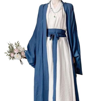 7vcraft Hanfu Dress, Ancient China Song Dynasty Traditional Costume, Hanfu Set 3 Pieces (2 Robes + belt), Long Dress, Green+Beige, Blue+White (Outer Blue + Inner White, S)