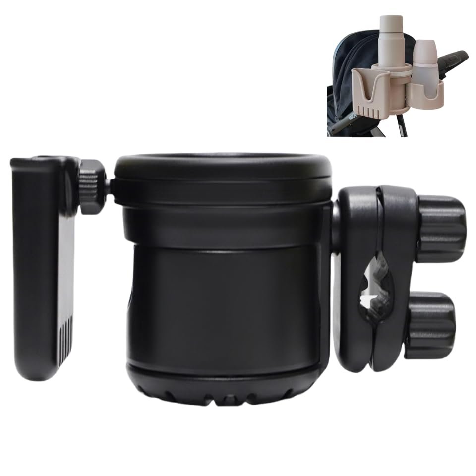 3-in-1 Stroller Cup Holder, Baby Stroller Accessories with Bottle Holder, Phone Mount, and Drink Caddy for Strollers, Perfect for Parents on The Go (Black)