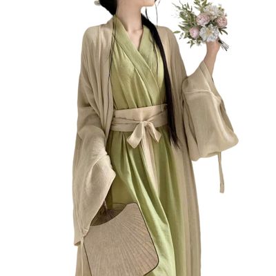 7vcraft Hanfu Dress, Ancient China Song Dynasty Traditional Costume, Hanfu Set 3 Pieces (2 Robes + belt), Long Dress, Green+Beige, Blue+White (Outer Beige + Inner Green, S)