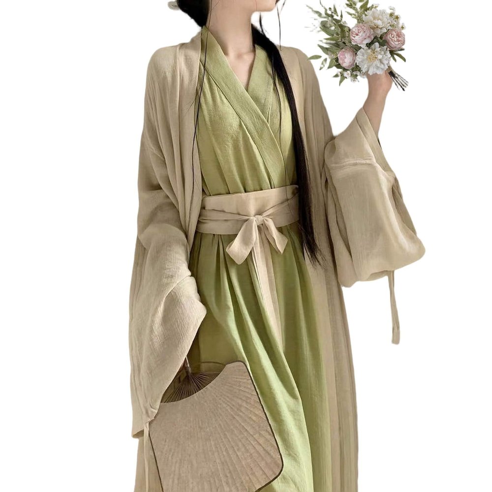 7vcraft Hanfu Dress, Ancient China Song Dynasty Traditional Costume, Hanfu Set 3 Pieces (2 Robes + belt), Long Dress, Green+Beige, Blue+White (Outer Beige + Inner Green, S)