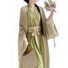 7vcraft Hanfu Dress, Ancient China Song Dynasty Traditional Costume, Hanfu Set 3 Pieces (2 Robes + belt), Long Dress, Green+Beige, Blue+White (Outer Beige + Inner Green, S) view 1