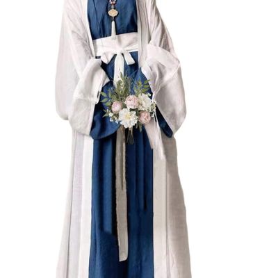 7vcraft Hanfu Dress, Ancient China Song Dynasty Traditional Costume, Hanfu Set 3 Pieces (2 Robes + belt), Long Dress, Green+Beige, Blue+White (Outer White + Inner Blue, S)