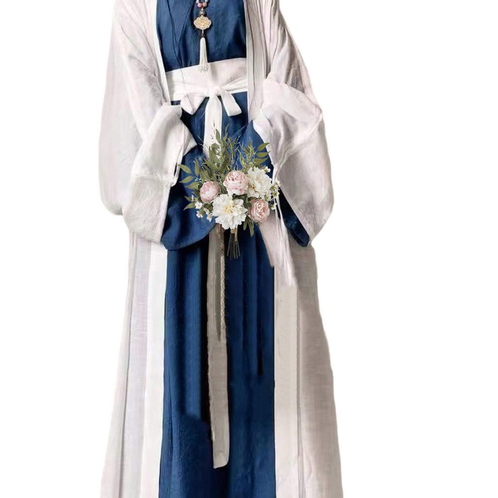 7vcraft Hanfu Dress, Ancient China Song Dynasty Traditional Costume, Hanfu Set 3 Pieces (2 Robes + belt), Long Dress, Green+Beige, Blue+White (Outer White + Inner Blue, S)