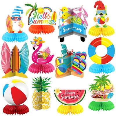 12 Pcs Summer Party Decorations Beach Honeycomb Centerpiece Summer Pool Table Topper Gnome Pineapple Flamingo Slipper Tropical Hawaii Table Centerpiece Decoration for Birthday Party Favor