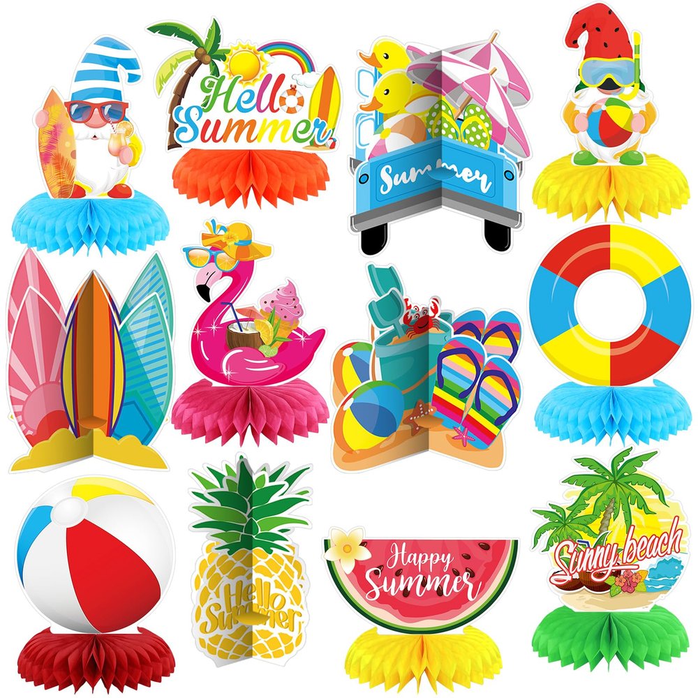 12 Pcs Summer Party Decorations Beach Honeycomb Centerpiece Summer Pool Table Topper Gnome Pineapple Flamingo Slipper Tropical Hawaii Table Centerpiece Decoration for Birthday Party Favor