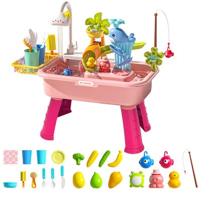 MEKVIDA Upgraded Toddler Sand Water Table Toy with Electric Water Pump, Kids Sand Water with Faucet/Play Food Accessories/Fishing Toy, Kitchen Play Sink Toys for Girl Boy Age 3+ (Pink)