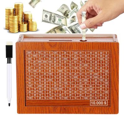 2025 New Cash Vault Wooden Savings Box, 10000 Savings Challenge Box, Wooden Cash Saver Money Box, Wooden Money Saving Challenge Box Cash Saving Box with Money Target and Numbers ($10000)