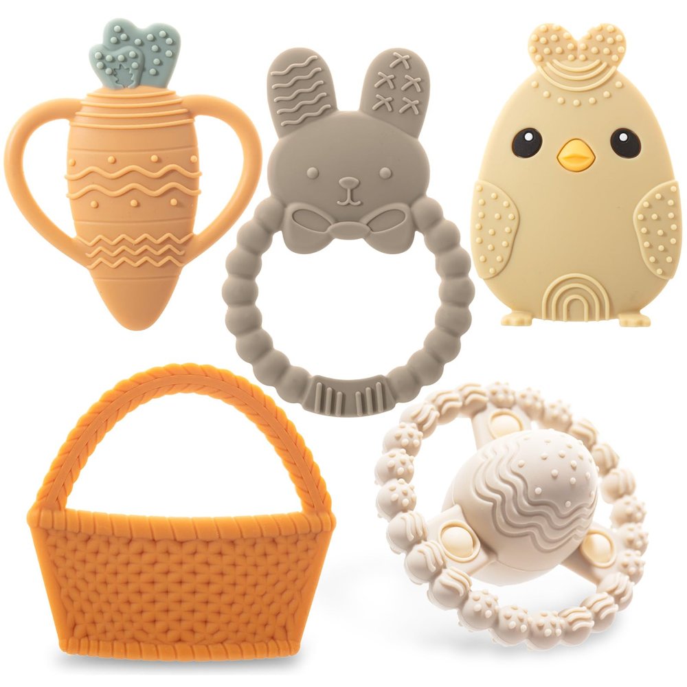 Cute Easter Baby Teether Set, Easter Bunny, Carrot, Chicken, Rattle Egg & Easter Basket Teething Toys Easter Teethers Toys Gift Set for Babies