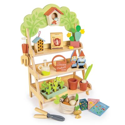 Tender Leaf Toys - Garden Centre - Wood Pretend Play Gardening Set Including Tools, Bird House, Gnomes and Accessories - Encourages Imaginative Play, Improves Language and Fine Motor Skills - Age 3+