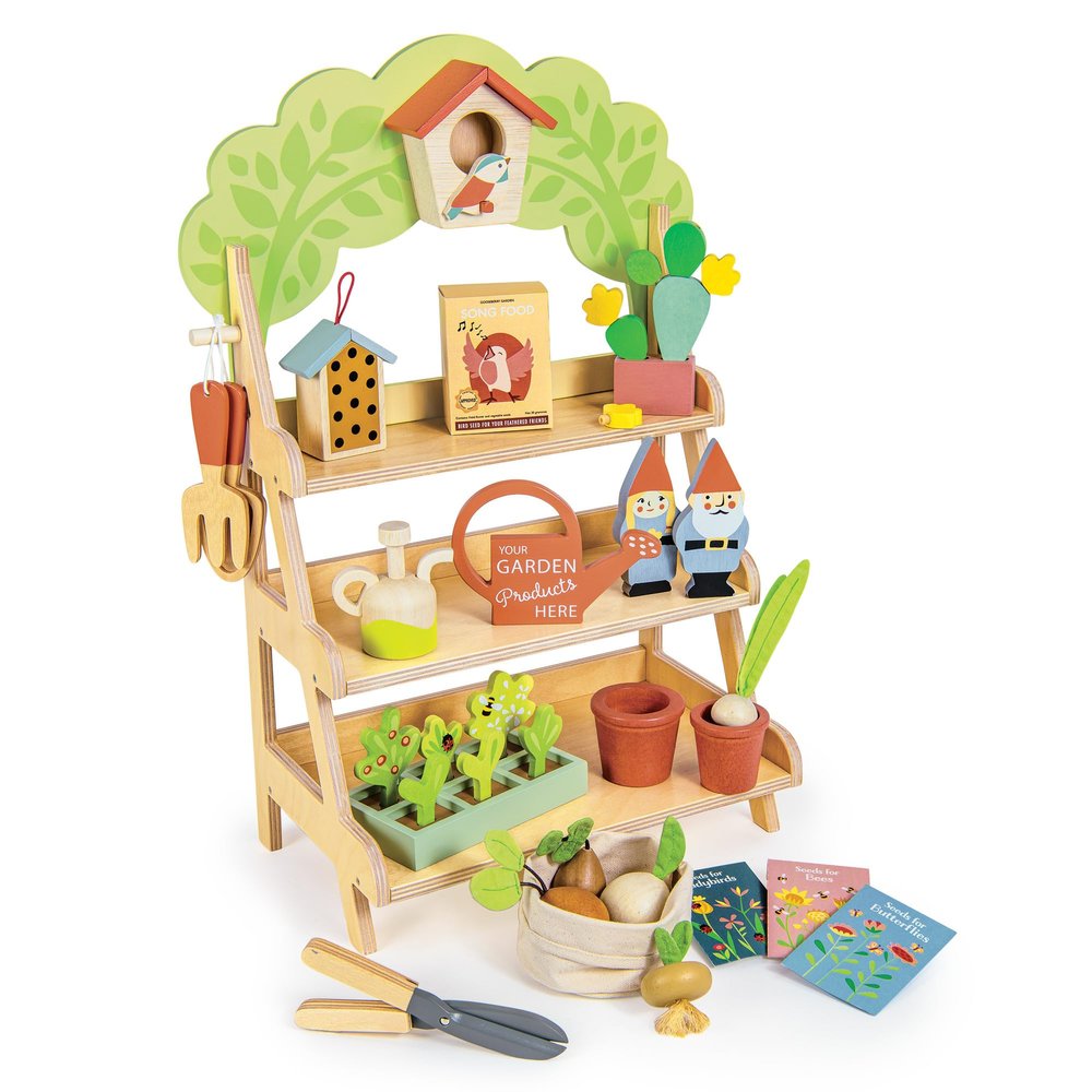 Tender Leaf Toys - Garden Centre - Wood Pretend Play Gardening Set Including Tools, Bird House, Gnomes and Accessories - Encourages Imaginative Play, Improves Language and Fine Motor Skills - Age 3+