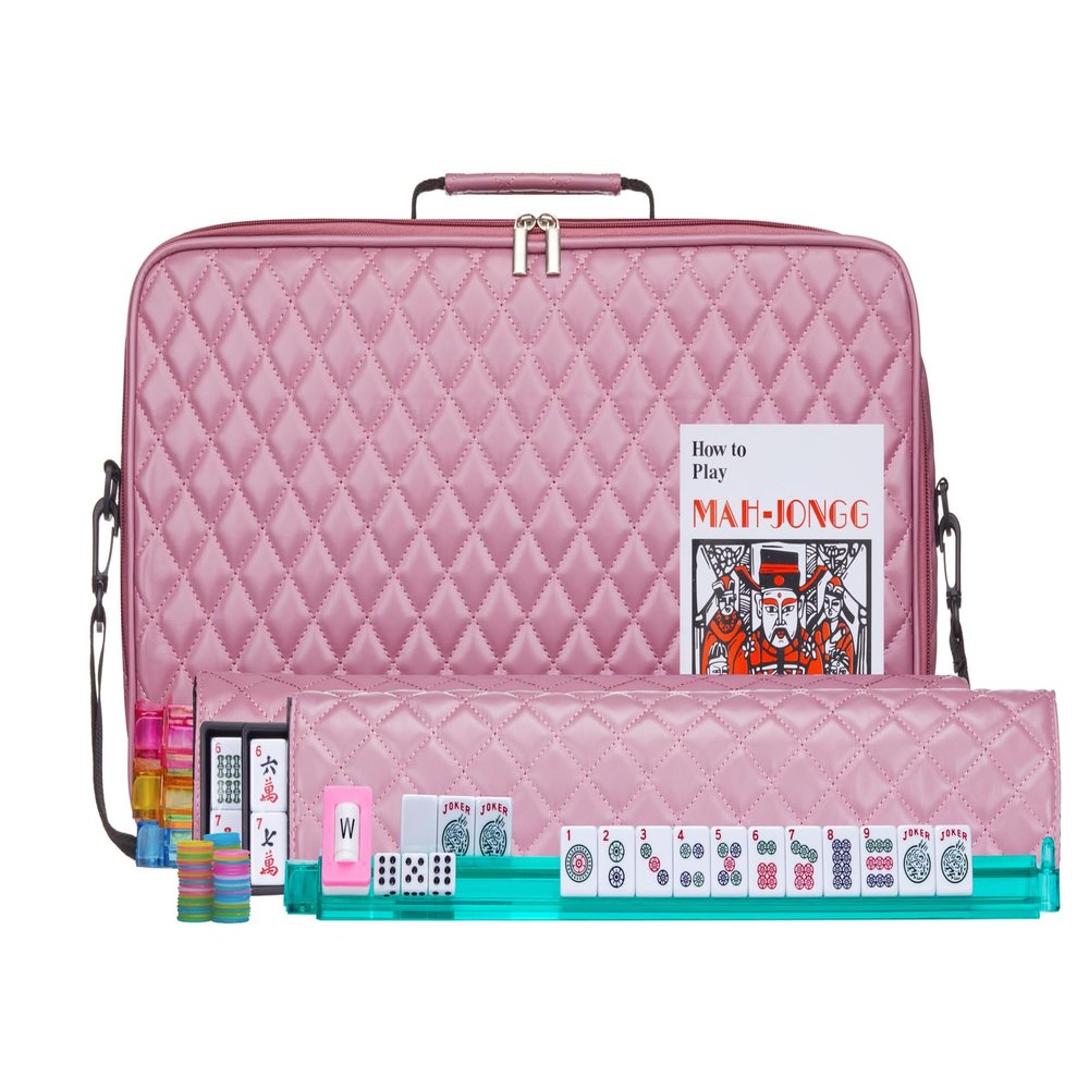 American Mahjong Set "Purple Pink" - Quilted PU Leather Carrying Bag with Shoulder Strap & Handles, All-in-One Tile Racks with Pushers, 166 Engraved Tiles, Dice, Bettor, Extra Tiles & Instructions