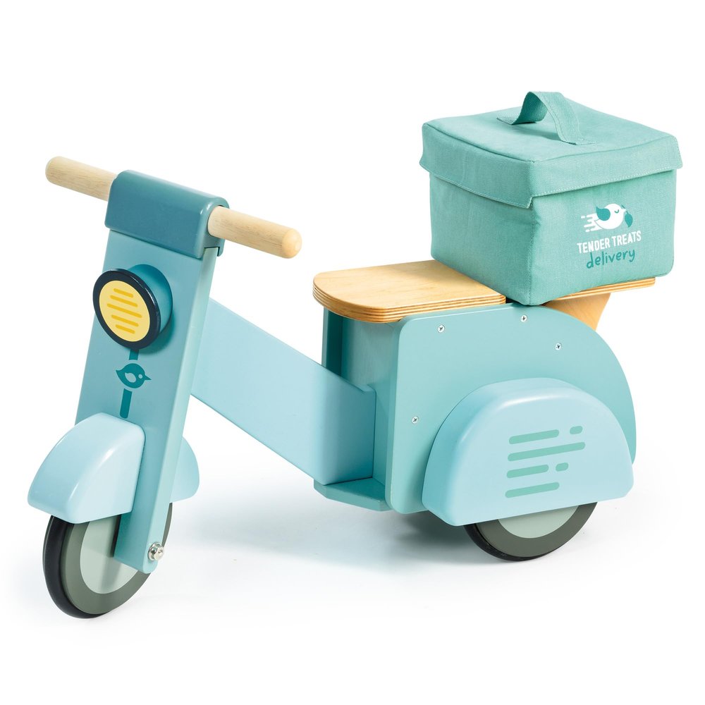 Tender Leaf Toys - Delivery Scooter - Wooden Ride-On Toy for Toddlers with Rubber Trimmed Wheels - Role-Play Scooter with Canvas Bag - Develop Social, Language and Gross Motor Skills - Age 2+