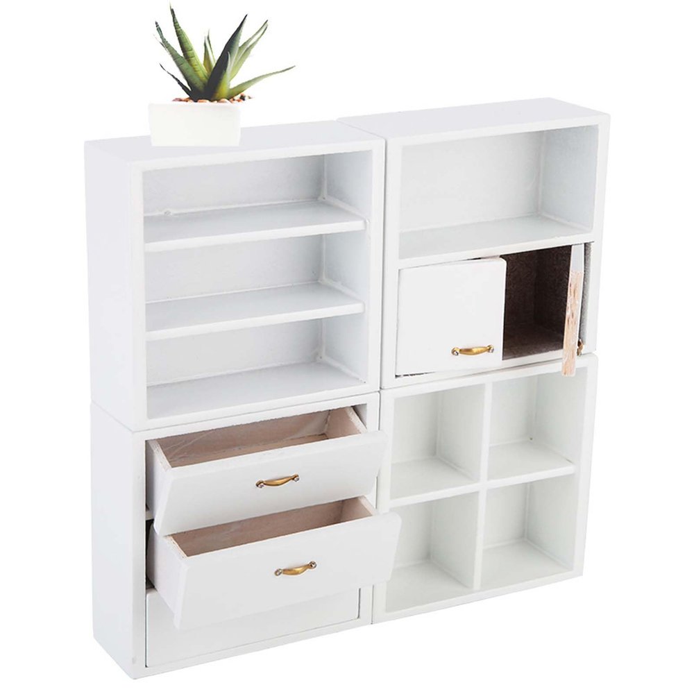 1:12 Mini Solid Wood Doll Furniture Set Perfectly Restore Living Room Bedroom Cabinet Dining Table and Chairs Cupboard Home Scene (Burlywood or White)