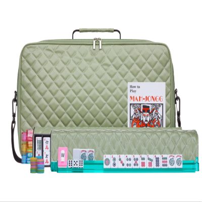 American Mahjong Set Green" - Quilted PU Leather Carrying Bag with Shoulder Strap & Handles, All-in-One Tile Racks with Pushers, 166 Engraved Tiles, Dice, Bettor, Extra Tiles & Instructions