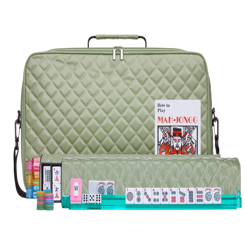 American Mahjong Set Green" - Quilted PU Leather Carrying Bag with Shoulder Strap & Handles, All-in-One Tile Racks with Pushers, 166 Engraved Tiles, Dice, Bettor, Extra Tiles & Instructions