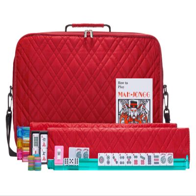 American Mahjong Set Red" - Quilted PU Leather Carrying Bag with Shoulder Strap & Handles, All-in-One Tile Racks with Pushers, 166 Engraved Tiles, Dice, Bettor, Extra Tiles & Instructions