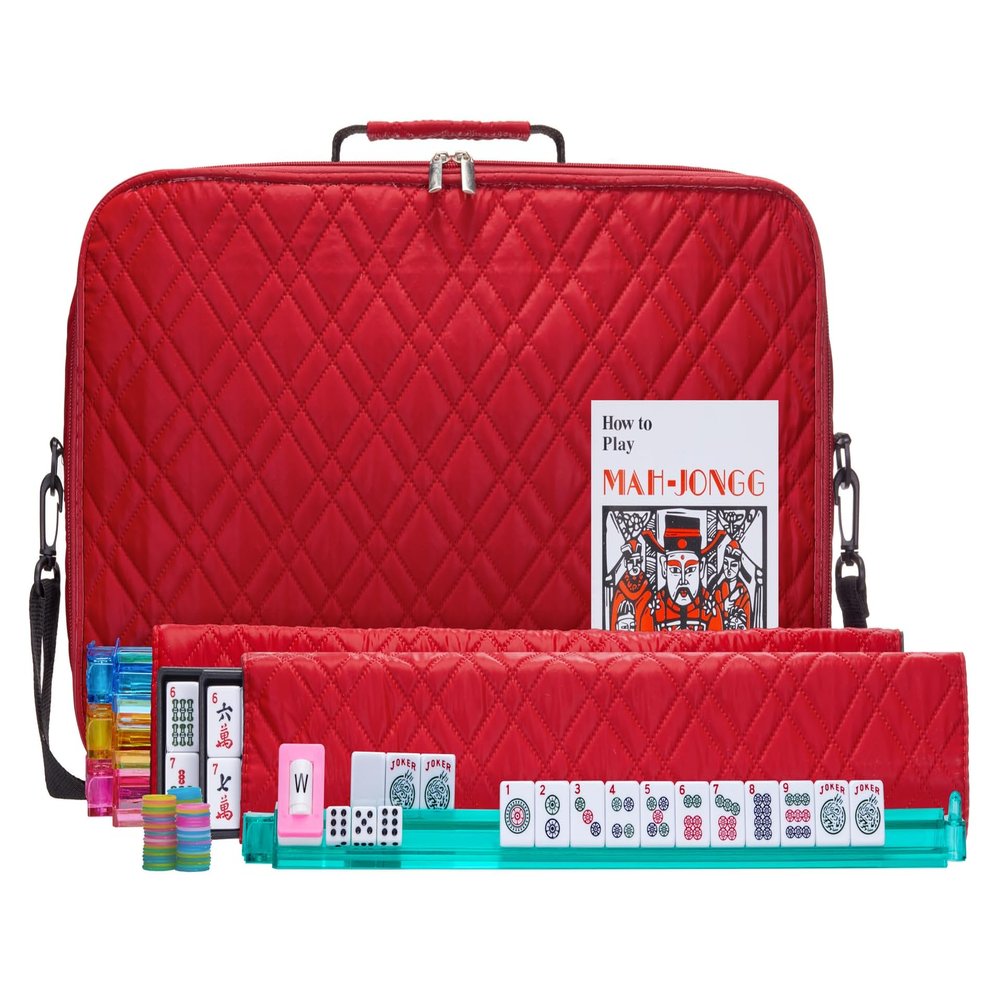American Mahjong Set Red" - Quilted PU Leather Carrying Bag with Shoulder Strap & Handles, All-in-One Tile Racks with Pushers, 166 Engraved Tiles, Dice, Bettor, Extra Tiles & Instructions