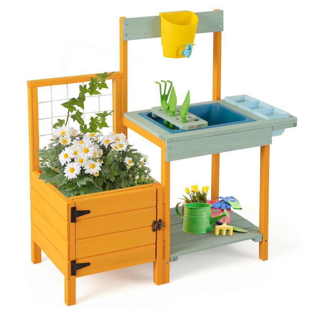 KOTEK Kids Potting Bench, Fir Wood Toy Gardening Center with Planter Box, Sink & Faucet, Garden Tools, Planting Pots, Backyard Kitchen Playset, Mud Table for Kids Outdoor, Gift for Boys Girls