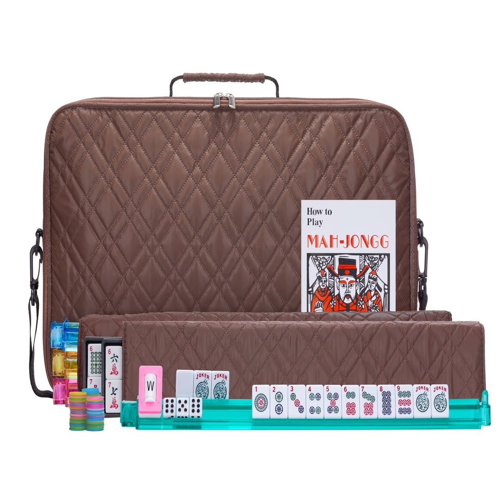 American Mahjong Set Coffee" - Quilted PU Leather Carrying Bag with Shoulder Strap & Handles, All-in-One Tile Racks with Pushers, 166 Engraved Tiles, Dice, Bettor, Extra Tiles & Instructions