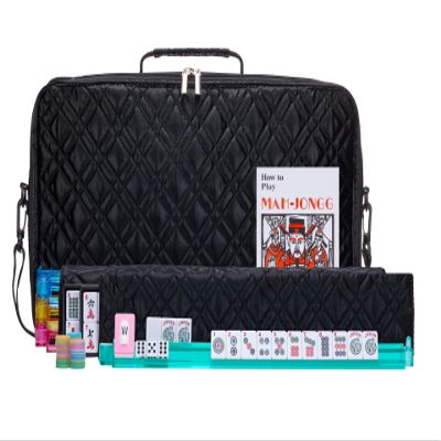 American Mahjong Set Black" - Quilted PU Leather Carrying Bag with Shoulder Strap & Handles, All-in-One Tile Racks with Pushers, 166 Engraved Tiles, Dice, Bettor, Extra Tiles & Instructions