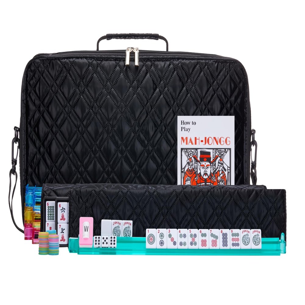 American Mahjong Set Black" - Quilted PU Leather Carrying Bag with Shoulder Strap & Handles, All-in-One Tile Racks with Pushers, 166 Engraved Tiles, Dice, Bettor, Extra Tiles & Instructions