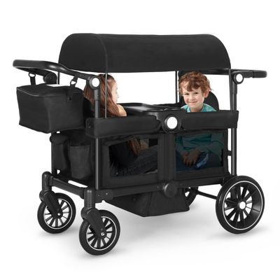 Kinder King Folding Wagon Stroller for 2 Kids, All-Terrain Baby Stroller Wagon Outdoor, Removable Canopy 2 Seater, Adjustable Handle, Shock-Absorbing Wheel, Detachable Tray, Parent Organizer, Black