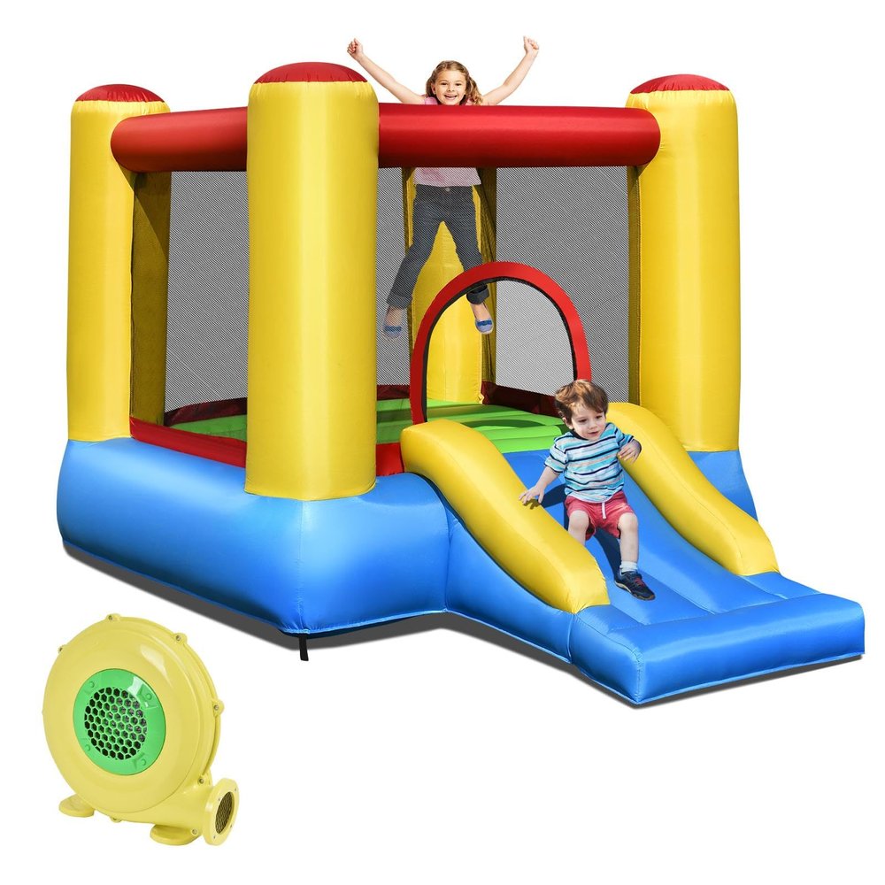 GLACER Inflatable Bounce House, Kids Jumping House with Slide, Basketball Rim, Carry Bag, Repair Kit, Indoor Outdoor Bouncy Castle for Birthday Party (with 550W Blower)